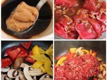 step1: 將味噌醃料調勻, 與牛肉片一起醃15分鐘入味