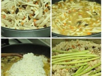 step1: 起油鍋依序爆香: 蝦米/油蔥酥, 香菇丁, 肉絲, 筍絲, 蘿蔔丁