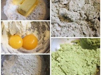 step1: 糖粉與軟化奶油鮮攪拌均勻, 打發成乳白色, 再加入蛋黃攪拌均勻. 將中筋麵粉與抹茶粉過篩加入, 持續攪拌, 至所有材料均勻混和
