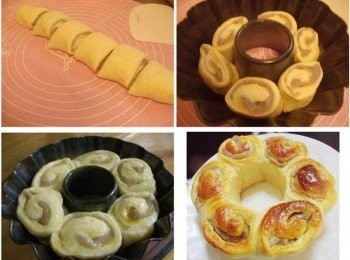 step3: 7.完成後用手輕推ˊ整成一致長柱狀ˊ收口朝下ˊ切成6等份 8.然後準備烤模ˊ依序排放成圓型ˊ完成的麵團表面灑上少許水ˊ 放密封地方做最後發酵(我直接放烤箱裡) 9.發酵完成前10分鐘ˊ取出麵團ˊ並先預熱烤箱180度 10.將取出的麵團ˊ輕刷上蛋液ˊ 然後送入烤箱以180度烘烤15~18分即可