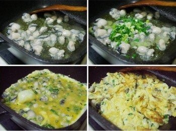 step4: 鍋內加入油2~3大匙燒熱ˊ然後加入鮮蚵和蔥花炒出香氣ˊ 接著再加入步驟3的雞蛋拌炒均勻至蛋皮金黃焦香即可