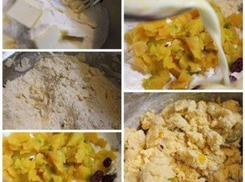 step1: 將麵粉/泡打粉/鹽巴/糖放入攪拌盆, 奶油從冰箱取出切薄片. 用叉子將冰奶油片以"切壓"的手法壓入麵粉中