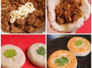 step2: 將肉鬆拌入少許的美奶滋備用. 取適量的芋頭麵糰, 壓成圓餅狀, 包適量的肉鬆內餡後, 收口包緊