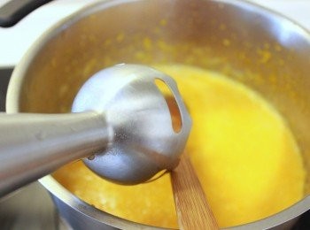 step3: 邊煮，邊用炒菜鏟壓ㄧ壓，去除沒清除掉的籽或太硬部份。棉布袋壓ㄧ壓，然後拿出。加入果皮，用手持攪拌棒打成果泥。可稍涼用果汁機。