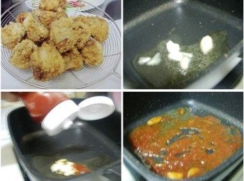 step4: 6.然後將完成的魚塊盛起ˊ用濾網瀝除多餘油脂 7.另取一鍋子ˊ放入少許油ˊ依序爆香薑片蒜頭 8.然後加入100%純天然 亨氏番茄醬3大匙 9.番茄醬一定要拌炒茄紅素才能釋放出來ˊ 也會顯得更油亮哦。