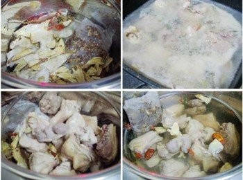 step2: 步驟2A然後將藥材以米酒浸泡約10分鐘ˊ幫助藥材釋放 B雞肉以熱水川燙再用冷水沖洗乾淨備用 C接著將川燙處理好的雞肉擺入放了浸泡藥材的鍋裡 D並加入酌量的水(根據喜好自行增減)