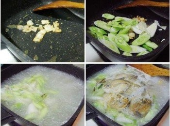 step3: 用原鍋留下的油ˊ將扁魚小火煸香ˊ 然後將蒜白爆香ˊ接著加入約2000cc的水煮滾ˊ 然後放入米粉及處理好的小白鯧魚煮熟釋放出味道。