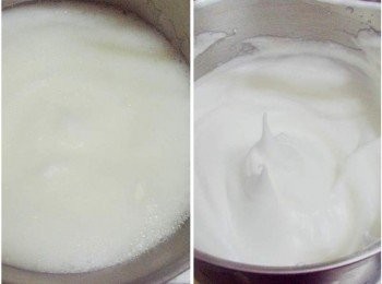 step5: 蛋白先加入檸檬汁用打蛋器打至粗泡狀態,然後分次加入細砂糖 (分2次加入) 打成尾端挺立的蛋白霜(乾性發泡)