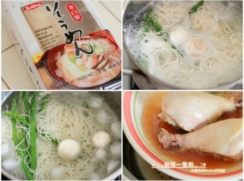 step1: 小雞腿洗淨，淋上一點清酒+醬油(可省略)，放入電鍋中以外鍋1杯水蒸熟，待涼後撕成雞絲。 *:.｡小提示1｡.:* 蒸好後盤底的雞汁即可當雞高湯使用。