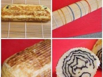 step5: 將蛋捲放在乾淨的竹簾上, 像捲壽司一樣捲起, 捲的同時請用力壓緊塑型. 用像皮筋固定後, 靜置1小時. 脫模後即可切片