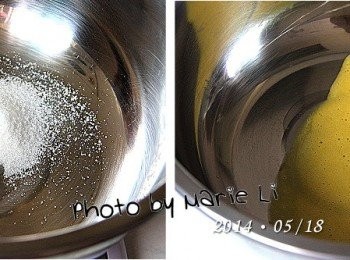 step2: 打出《蛋黃糊》：

將《蛋黃一顆》+《細砂糖 5g》
用打蛋器攪拌均勻，打至蛋黃泛白即可