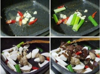 step2: 步驟2A熱鍋後放入油1.5大匙ˊ先爆香蒜頭和辣椒 B接著加入蔥白炒出香氣 C然後加入杏鮑菇略為拌炒 D隨後加入木耳拌炒均勻