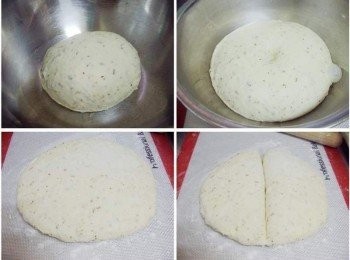 step1: 先準備好所需<span class="group_1">麵團材料</span>ˊ(我用麵包機揉麵團功能) 將所有<span class="group_1">麵團材料</span>全擺入麵包機ˊ攪拌成團。 然後覆蓋上保鮮模完成第1次發酵(約50~60分鐘)ˊ 發酵完成的麵團 (手指沾少許高粉插進麵團ˊ不回彈表示發酵完成) PS:如果沒有攪拌工具或麵包機ˊ 用手揉或運用之前分享的免揉方式都可以。 接著輕拍壓出空氣ˊ分成2等分