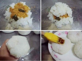 step3: 準備一適合隔熱袋ˊ添取適量白飯略為鋪平ˊ加入酌量海苔肉鬆ˊ 上頭再覆蓋上少許白飯ˊ然後抓起隔熱袋四角ˊ幫助整成圓形ˊ 接著用刷子沾少許步驟2的<span class="group_2">調味</span>醬ˊ均勻刷上ˊ再灑上少許黑白芝麻