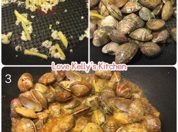 step2: 熱油鑊後落薑絲蒜蓉爆香，加入沙蜆不斷兜炒直至蜆開始開口時，倒入沙茶醬(預先用2茶匙水將沙茶醬開稀少許), 此時再加入指天椒粒和生抽，炒至全熟加入蔥段便完成