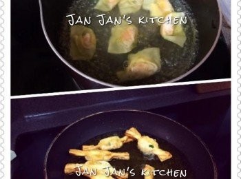 step3: 將雲吞分別炸熟及煮熟，湯雲吞本身有泡菜已較辣，所以宜配清上湯煮熟，伴以芫茜或韮黃同吃。