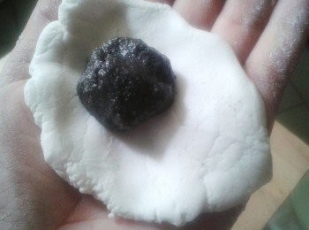 step3: 取一份粉糰，放入餡料，搓圓，放在沾有糯米粉的碟上