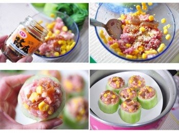 step2: 接著加入整瓶愛之味蔭瓜肉及1/3醬汁及1小匙玉米粉，以湯匙均勻拌碎攪拌，再將拌勻的絞肉內餡舀入絲瓜柱裡，裝滿後排列好放入電鍋蒸煮