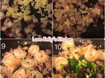 step3: 熱油鑊放入薑片，爆香蝦仁至5成熟盛起；用回此鑊，放入紅洋蔥和蒜頭爆香，炒至紅洋蔥開始軟身，將蝦仁回鑊炒至全熟，最後放入蔥粒兜均便完