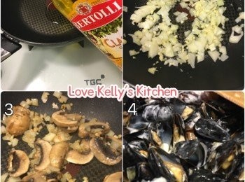 step2: 急凍青口以水喉沖水解凍；蘑菇切片，洋蔥和蒜頭切粒備用；