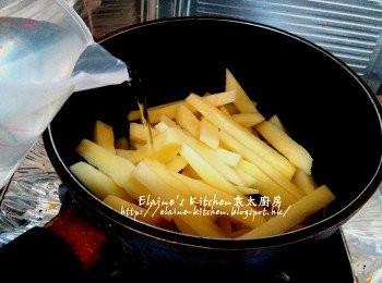 step1: 薯仔去皮切粗條放入煲內 , 加入水蓋過面