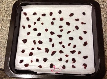 step1: 烤盤底部鋪一張白報紙，均勻的撒上蔓越莓備用