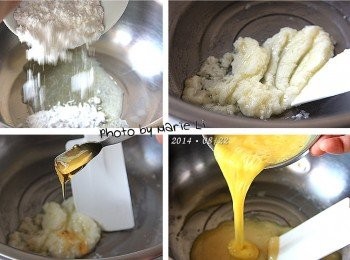 step2: 將糖粉和鹽倒進已經溶化的奶油中，拌勻
依序加入《轉化糖漿》，拌勻
加入《雞蛋》，拌勻

※ 每加進一項材料都要先拌勻再加下一項材料。