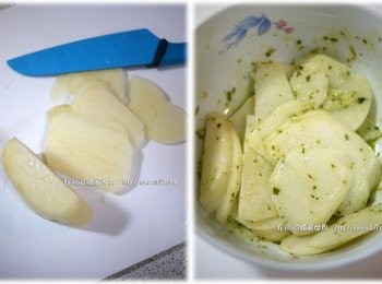 step2: 2 切薄片後的馬鈴薯放進去，拌勻