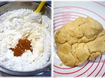 step2: 1 奶油室溫軟化後，打至乳霜 泛白狀2 加入糖粉後，打至尾端挺立3 加入全雞，拌勻4 低粉分二次加入，拌勻。第二次加入低粉同時加入肉桂粉，揉成團  （不要拌過度，以免出筋）