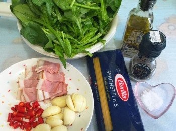 step1: 準備各樣材料：
菠菜洗淨.意粉要煮熟，再用篩子隔去水粉備用.
煙肉切開一小片，指天椒切粒，蒜頭去皮用刀略拍扁.