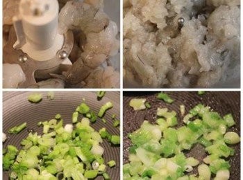 step1: 1) 蝦子去殼去腸泥後, 用食物調裡機打成泥
2) 青蔥切末, 用少許油爆香, 炒至蔥的嗆辣味不見, 而聞到蔥香氣