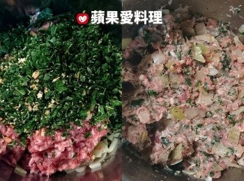 step6: 在容器（裡頭已有洋葱）中放入所有<span class="group_1">食材</span>，用手攪拌到肉呈黏黏的狀態（約5分鐘）。