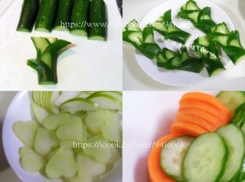 step1: 素肉(皮絲)泡軟燙過去油切丁.小黃瓜切對半再切成適當長度.用刀在小黃瓜上切細直線，再切一層左一層右拉出就OK.青花菜心切花和紅蘿蔔一起川燙.紅甜椒切成菱形.