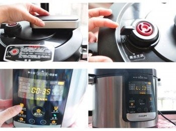 step4: 放進智慧鍋後，轉緊鍋蓋，氣壓閥轉至密閉，選擇燉煮牛/羊選擇鍵開始燉煮