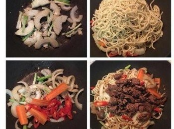 step5: 炒鍋放少許油，爆香蒜末、蔥白和洋蔥，接著放入紅蘿蔔片和辣椒略炒，再放入油麵及牛肉拌炒（如太乾可斟酌放少許水）。