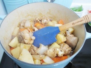 step6: 略炒雞肉後倒入醬料拌炒至<span class="group_1">食材</span>上色!!!倒入水以中火煮滾後轉小火蓋上鍋蓋煮約20-30分鐘!!
