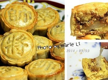 step9: 《廣式小Q餅》完成囉！！

烏豆沙也好，綠豆沙也罷
其實吃起來都是屬於甜味的內餡
加進肉鬆的鹹香，還有麻糬Q彈的口感
《廣式小Q餅》
讓月餅多了一種不同的變化~