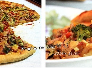 step7: 相信嗎？
直徑 30公分的大披薩
(我真得有特別拿尺來量過唷！！)
居然能讓我家這三個男生
吃到剩下一片(六分之一)

肚子很餓嗎？
可是放學後、晚餐前
兄弟倆才各自吃了一顆半的地瓜饅頭耶！
然後等不及晚餐出爐
他們也先喝了玉米濃湯墊肚子了
居然還這樣能吃喔~ (厲害吧！)   ^皿^