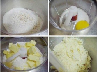 step2: 粉類先過篩ˊ糖鹽和蛋黃先用調理器拌勻ˊ 接著加入粉類材料和香料及所有奶油ˊ拌勻至小米粒程度
