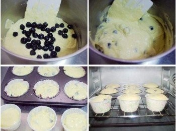 step3: 接著加入洗淨ˊ擦乾水份的藍莓ˊ略為拌勻ˊ (大致上拌勻即可ˊ不要過度攪拌ˊ會影響口感) 在瑪芬模上擺好紙模ˊ用方便工具舀約7~8分滿的量ˊ 送入預熱好的烤箱ˊ以180度c烘烤25~30分鐘即可