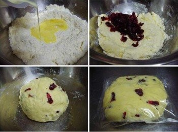 step3: 分次加入步驟2中ˊ然後用手略為按壓整型ˊ即將成團前ˊ 再加入洛神花一起完成。 (成團無殘留粉類<span class="group_1">材料</span>即可ˊ不需過度揉至光滑喔) 然後用保鮮模或塑膠袋包覆ˊ略壓扁後放冷藏