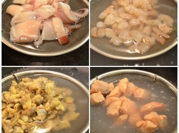 step4: 將切好的海鮮放入加了米酒的滾水中汆燙一下。汆燙順序為鮮魷、蝦仁、蜆肉、三文魚。取出，瀝乾水分，備用。