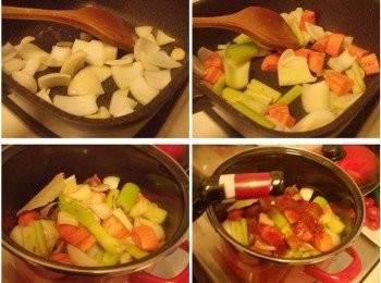 step3: 6.用原鍋餘油炒香蒜片和洋蔥 7.以及紅蘿蔔和芹菜 8.所有蔬菜都均勻炒香後盛起和牛肉放一起 9.然後將<span class="group_2">調味</span>一一加入