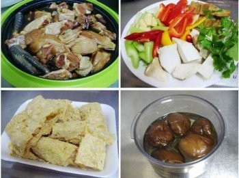 step1: 先準備好所需<span class="group_1">材料</span>ˊ雞肉確實洗淨瀝除水份ˊ <span class="group_2">調味</span>除(玉米粉)外全部拌勻ˊ和洗淨的雞肉充分拌勻醃漬入味ˊ 蔬菜切成適當大小ˊ香菇先泡軟ˊ蒜頭維持整顆即可