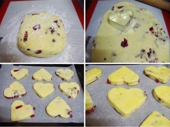 step4: 約20~30分鐘後ˊ或隨時想吃前ˊ將麵團取出ˊ 工作台上灑上少許高筋麵粉(配方份量外ˊ以防沾黏) 用桿麵棍成3~4cm厚度ˊ然後運用方便工具 (如圓形杯口)或喜歡模型壓出等量麵餅ˊ 表層用預留的蛋液輕刷上一層ˊ送入事先預熱好的烤箱ˊ 220度c烤12~15分鐘即可