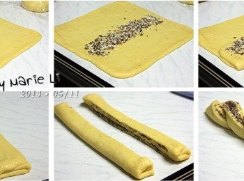 step6: 將麵糰擀成方形，於中間灑上巧克力碎片
將一邊折起後再鋪一層巧克力碎片
再將另一邊折起，稍加施壓擀平後切成兩條
將兩條麵糰纏繞成麻花狀

※ 另一個麵糰也以相同的方式處理