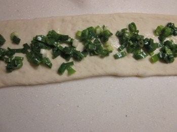 step4: 工作台灑些手粉,將<span class="group_2">麵團</span>擀成長條形,葱花加<span class="group_3">調味料</span>拌勻(不可先拌會出水), <span class="group_2">麵團</span>中間放葱花再從兩邊捏合