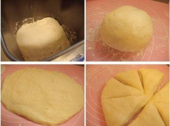 step2: 2.將麵團部份所有<span class="group_1">材料</span>ˊ奶油除外...放入麵包機以揉麵團程式完成麵團製作ˊ 約8分鐘後再加入奶油ˊ全程共15分鐘 (如果沒有麵包機手揉也OK) 然後直接於麵包機內完成第1次發酵 3:取出發酵完成的麵團 4:拍出多餘空氣 5:分割成8等份