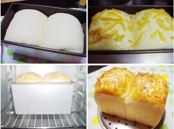 step5: 步驟5A麵團表面噴點水ˊ放溫暖處進行最後發酵ˊ 當麵團發酵至9分滿左右預熱烤箱上下火180度C B然後將<span class="group_3">表面裝飾</span>調勻輕刷於麵團頂部ˊ柚子絲酌量擺上。 C送入烤箱烤35~38分鐘即可 (如果麵包以達上色效果ˊ可覆蓋上錫箔紙ˊ以防頂部烤焦) D完成後取出放涼ˊ如果沒馬上要吃可用密封袋裝好ˊ 麵包才不會因為水份蒸發而變乾硬。