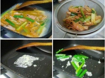 step3: 蝦頭殼及蔥段煸炒出香氣後加入米量杯水2杯煮滾ˊ 讓鮮味完全釋放出來ˊ然後瀝掉蝦殼和蔥段ˊ留下湯汁。 鍋子洗淨ˊ加入橄欖油2大匙ˊ炒香蒜末及另外1/2蔥段